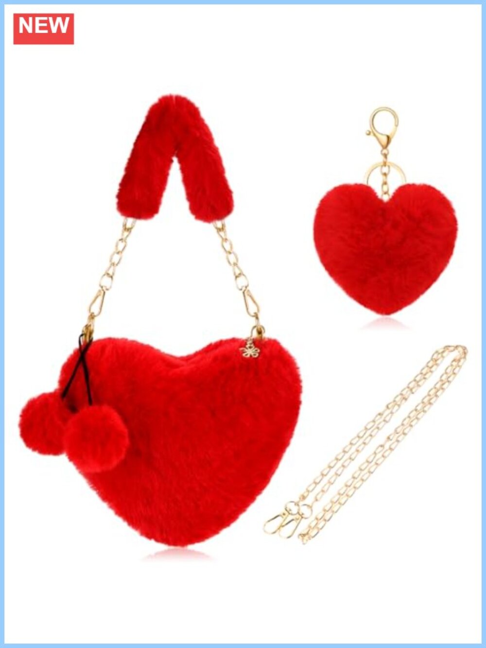 Faux Fur Heart Shaped Crossbody Bag Fluffy Shoulder Handbag with Chain